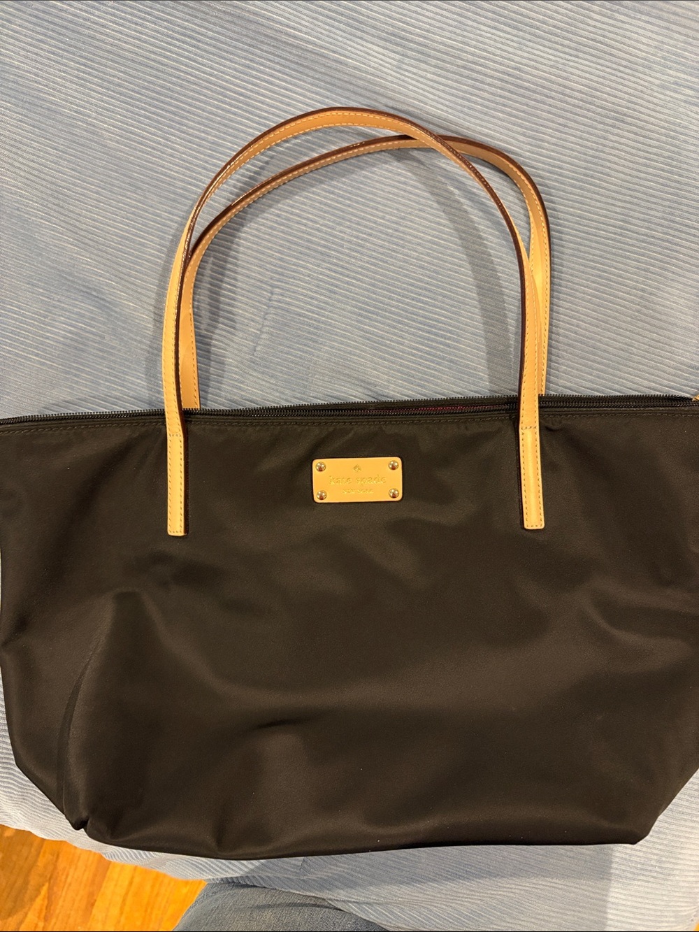 kate spade Black Nylon Tote with Tan Handles and Gold Plaque